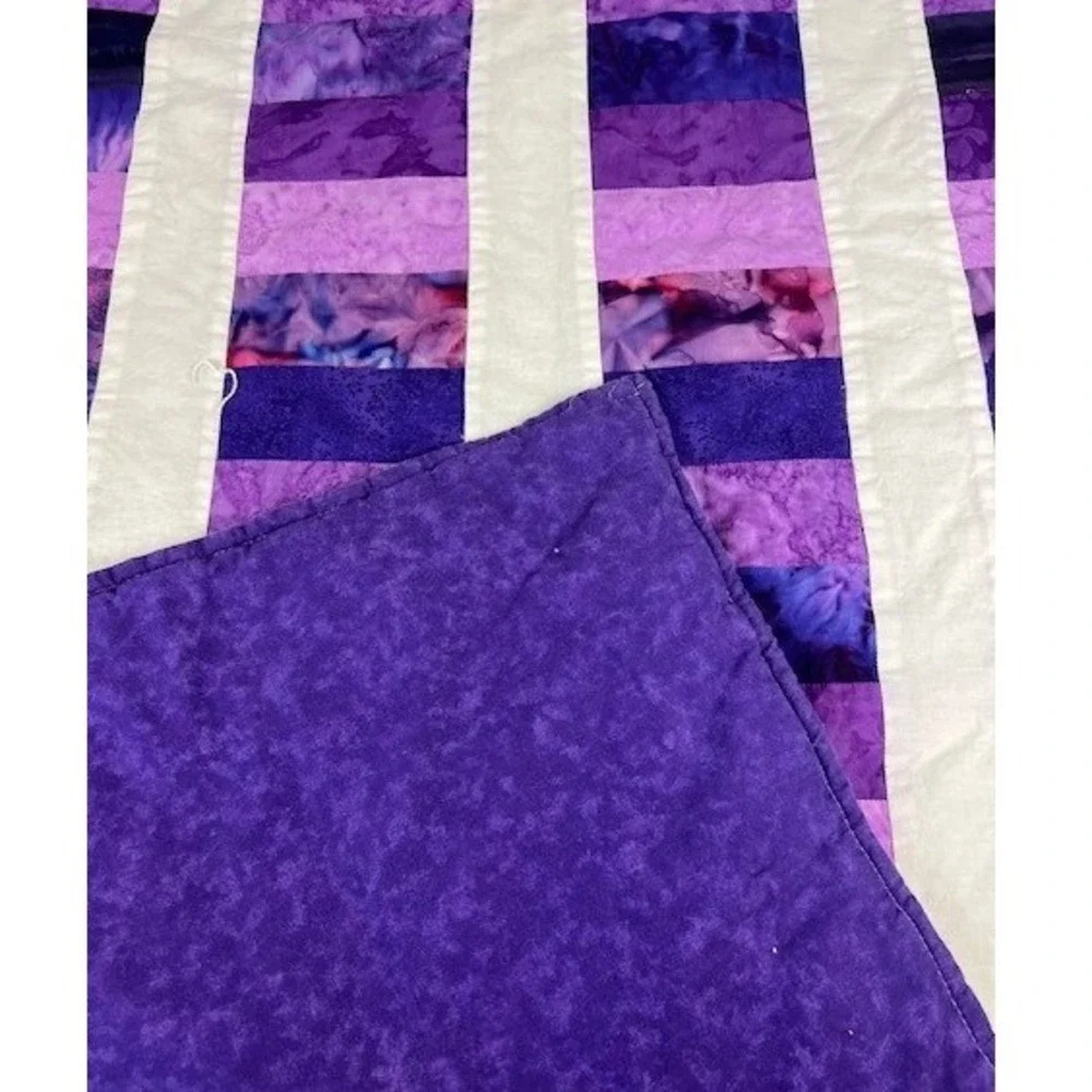 Handmade Purple Batik Patchwork Quilt Striped Tie Lap Blanket Wall Hanging 42x37